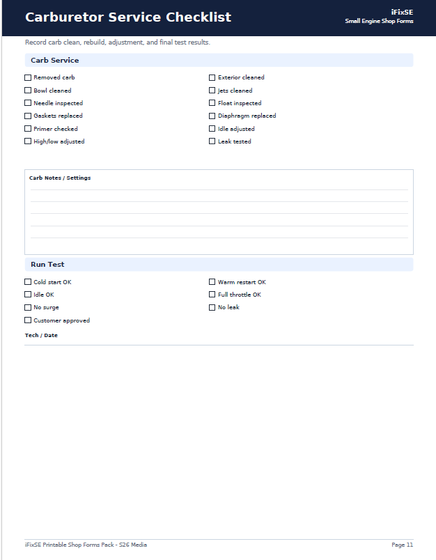 Printable Small Engine Repair Shop Forms