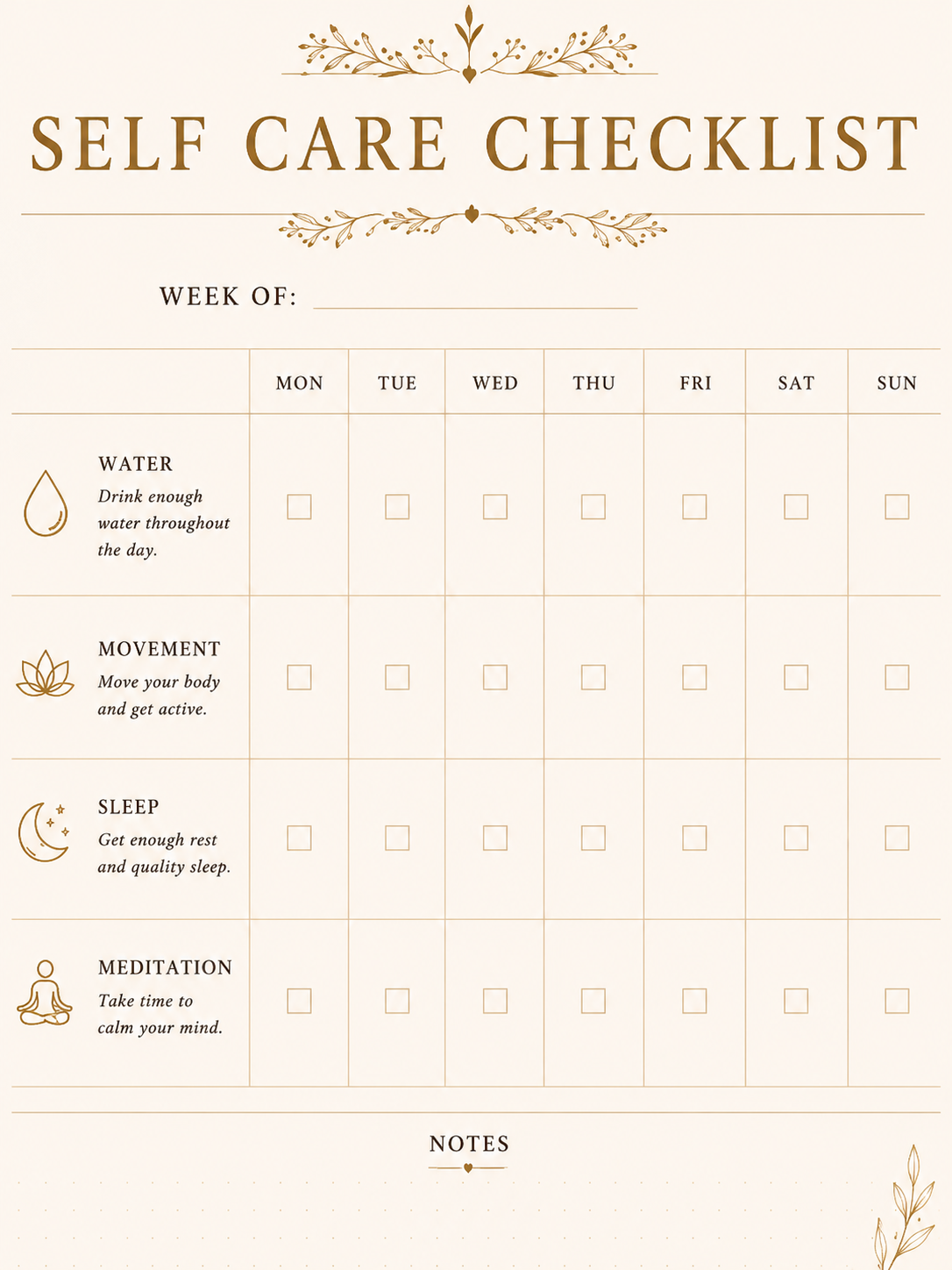 Printable self-care checklist planner page for weekly wellness tracking in A4 PDF format.