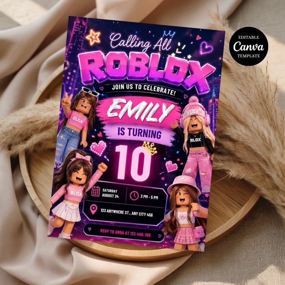 Editable pink Roblox girl birthday invitation template with stylish gamer theme for a girls birthday party.
