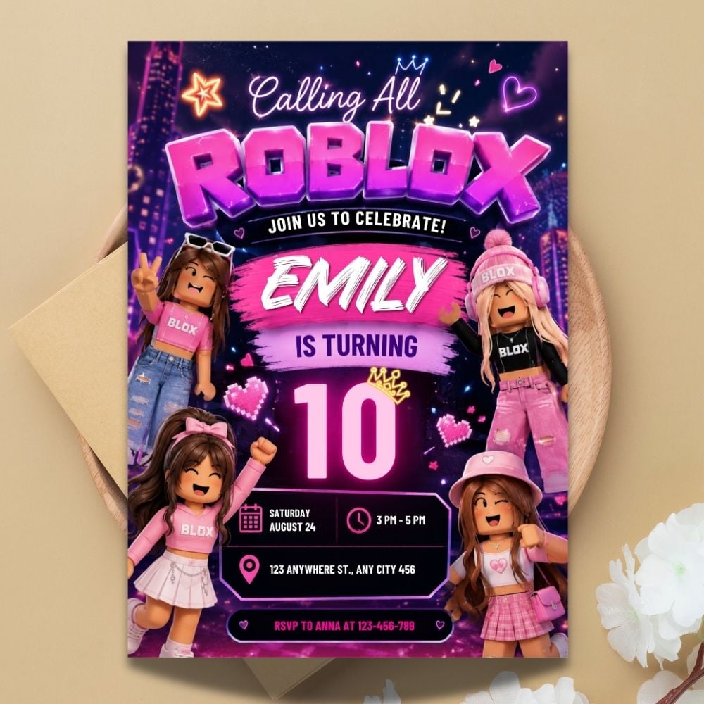 Pink Roblox-themed birthday party invitation with editable text, designed for girls and suitable for digital or printed use.