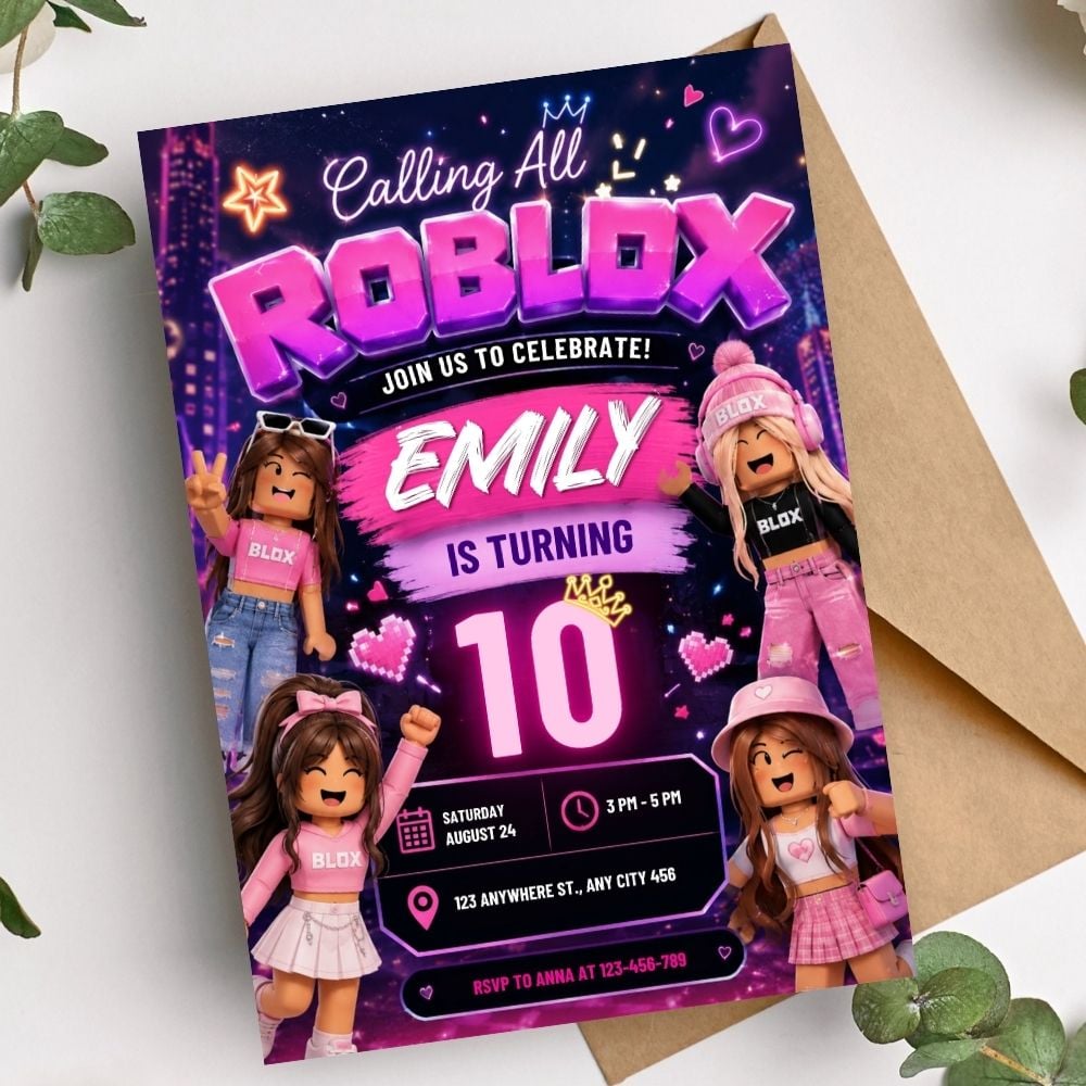 Printable Roblox birthday invitation for girls displayed in a realistic mockup, editable in Canva and available as an instant download.