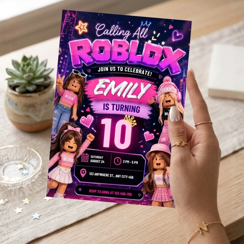 Close-up of a customizable Roblox girl birthday invitation featuring a pink aesthetic and modern party design.