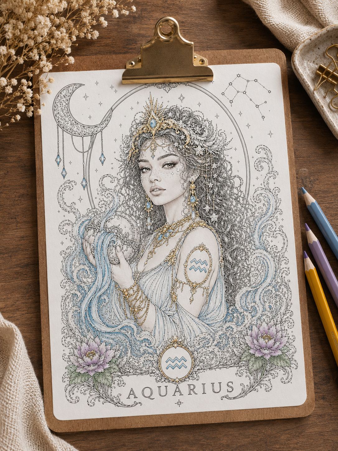 Aquarius zodiac coloring page printable mockup on a clipboard with colored pencils, featuring an elegant woman, flowing water, moon, stars and flowers.