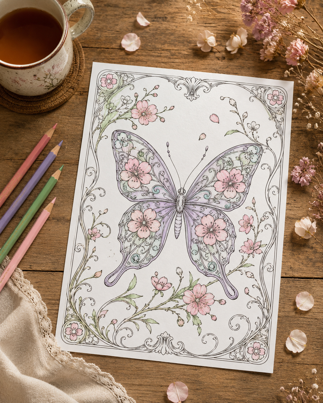 Softly hand-colored butterfly coloring page with floral details, colored pencils and a warm creative desk setting.