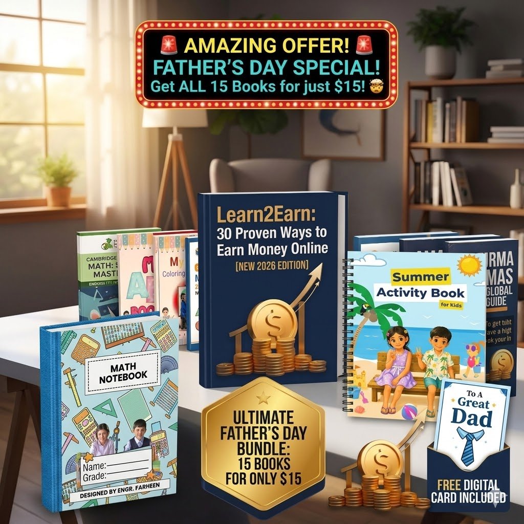 Promotional bundle mockup of 15 digital eBooks and activity books for a Father’s Day special sale by Learn2Earn and Engr. Farheen, featuring educational math notebooks, online income guides, and kids' summer activity books on a desk background.