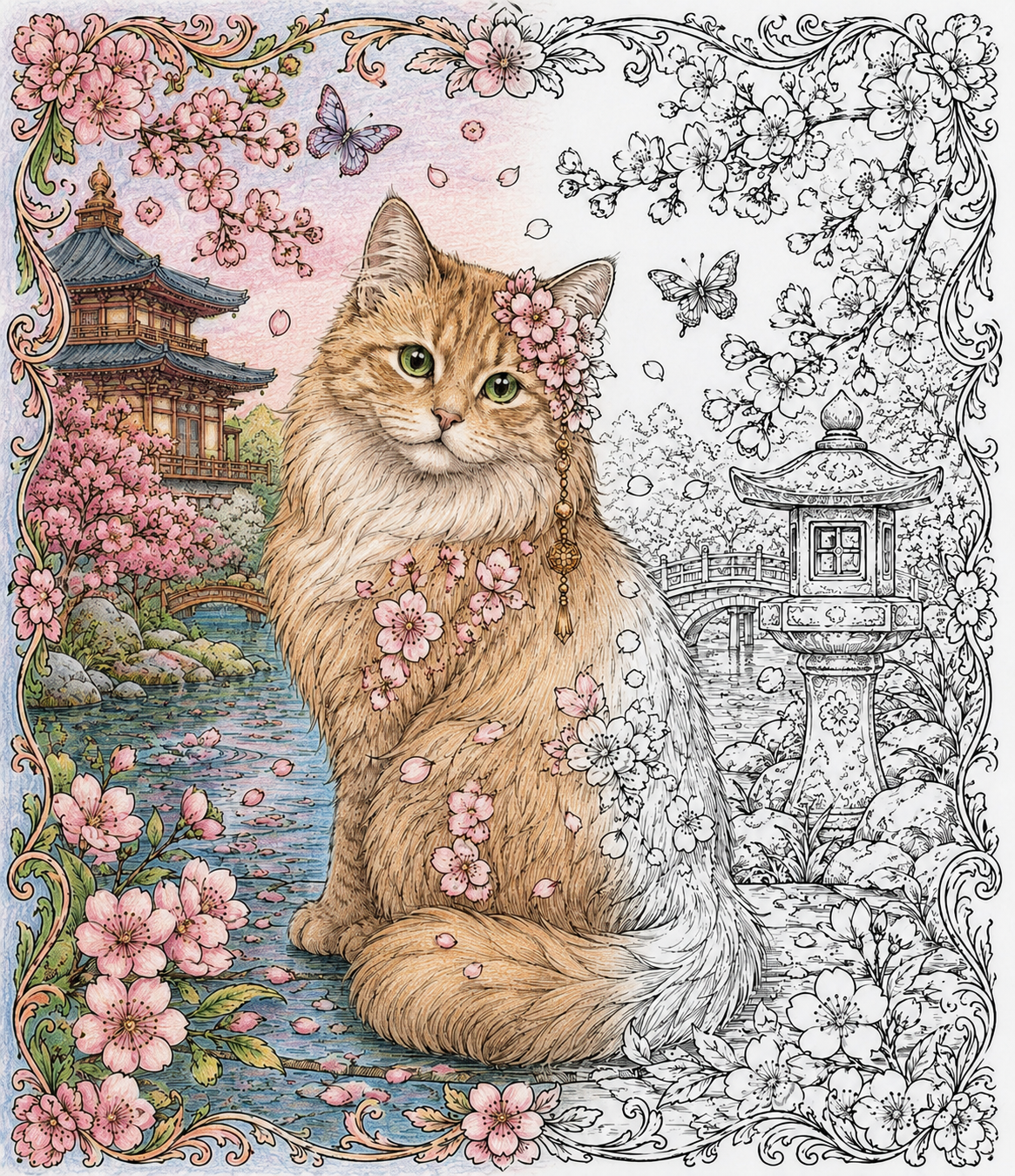 Hand-colored preview of a fluffy cat surrounded by cherry blossoms in a peaceful Japanese garden.