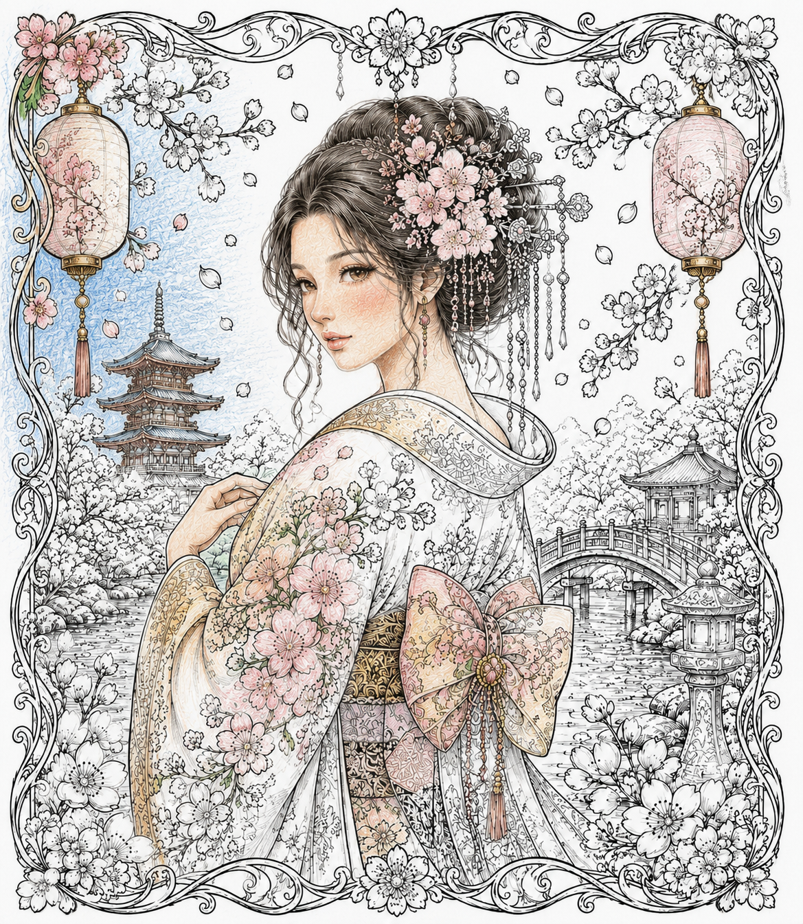 Hand-colored preview of an elegant Japanese woman in a floral kimono surrounded by cherry blossoms and traditional scenery.