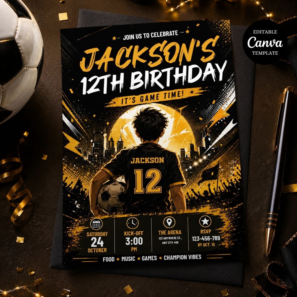 Editable football birthday invitation Canva template for kids personalized party invite digital download