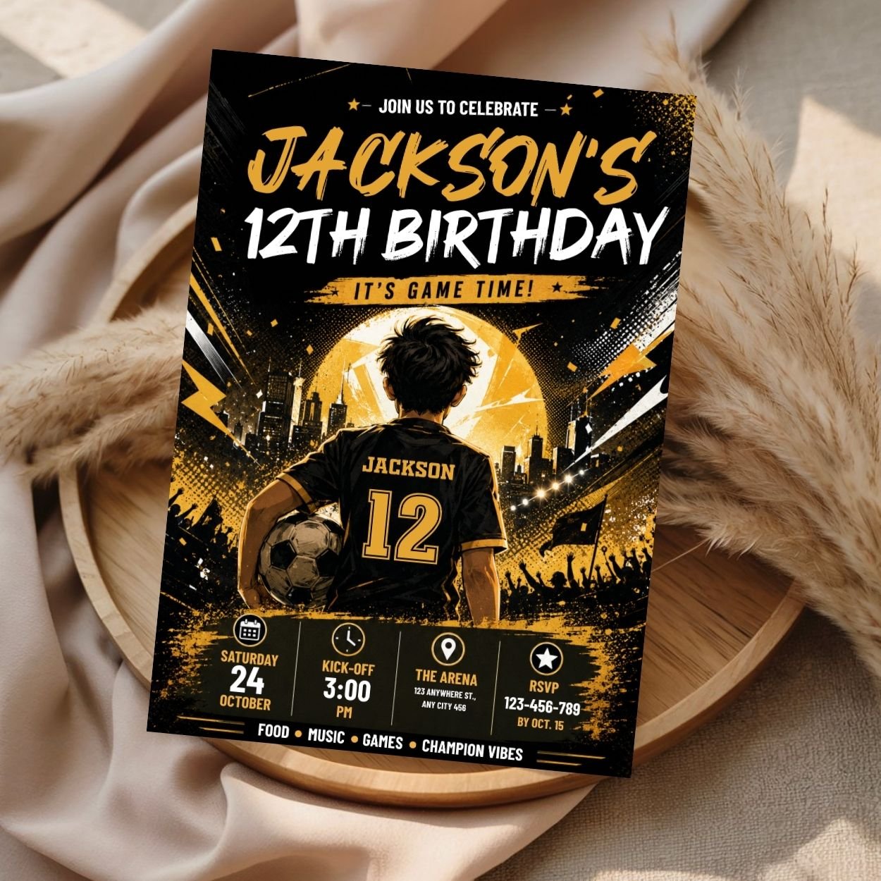 Kids soccer birthday party invitation printable Canva template editable online