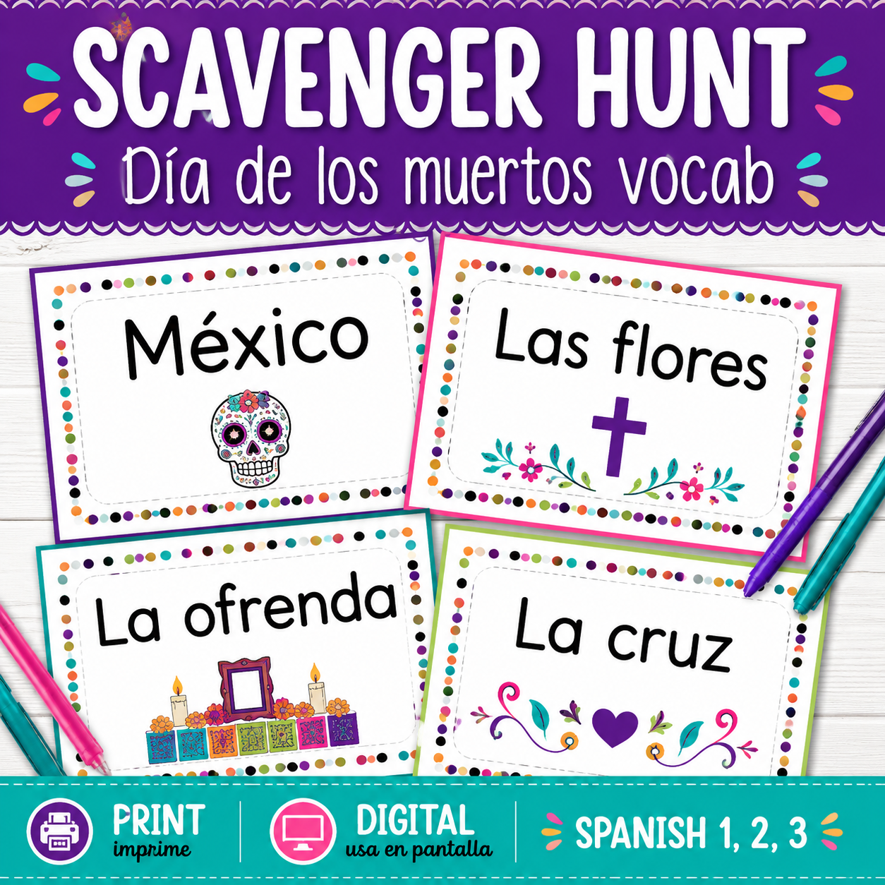 Spanish Día de los Muertos Scavenger Hunt | Vocabulary Review Activity (Print & Digital)