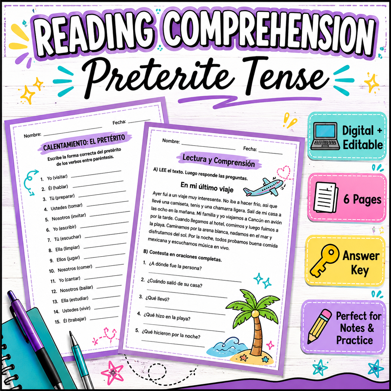 Editable Spanish Preterite Tense Reading & Activities | El Pretérito