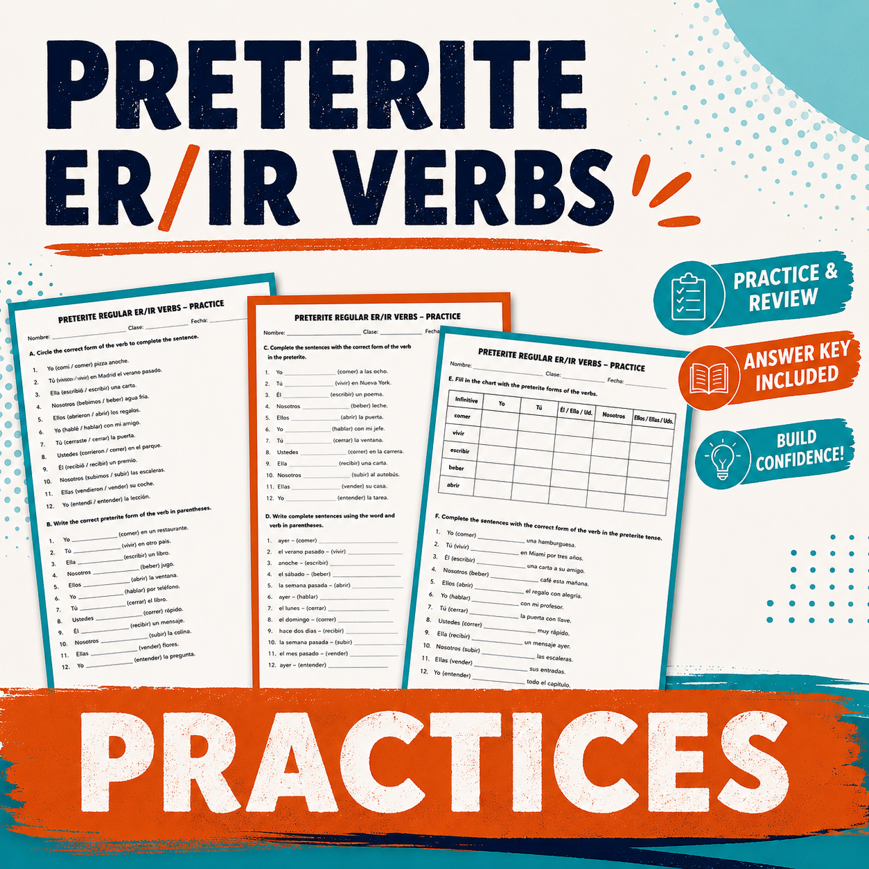 El Pretérito | Spanish Worksheets for Regular -ER & -IR Verbs Practice