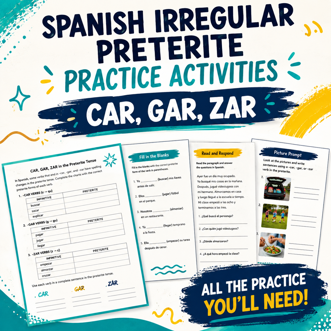 Car, Gar, Zar Verbs | Spanish Irregular Preterite Activities & Worksheets