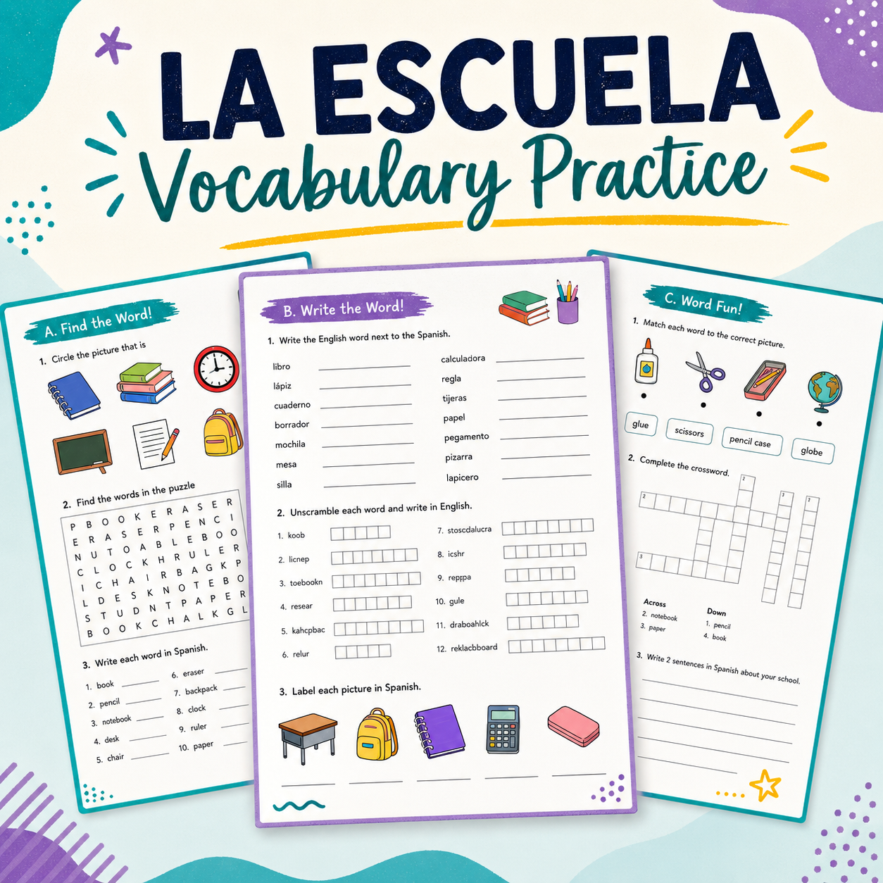Spanish La Escuela | School Supplies Vocabulary Worksheets & Word Search Practice