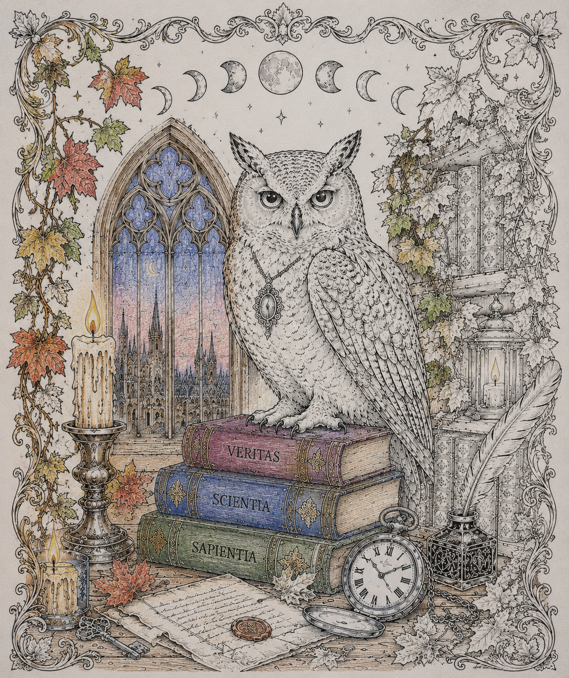 Dark Academia owl coloring page featuring wise owl, gothic window, vintage books, candle, pocket watch and autumn leaves. Printable adult coloring book PDF.