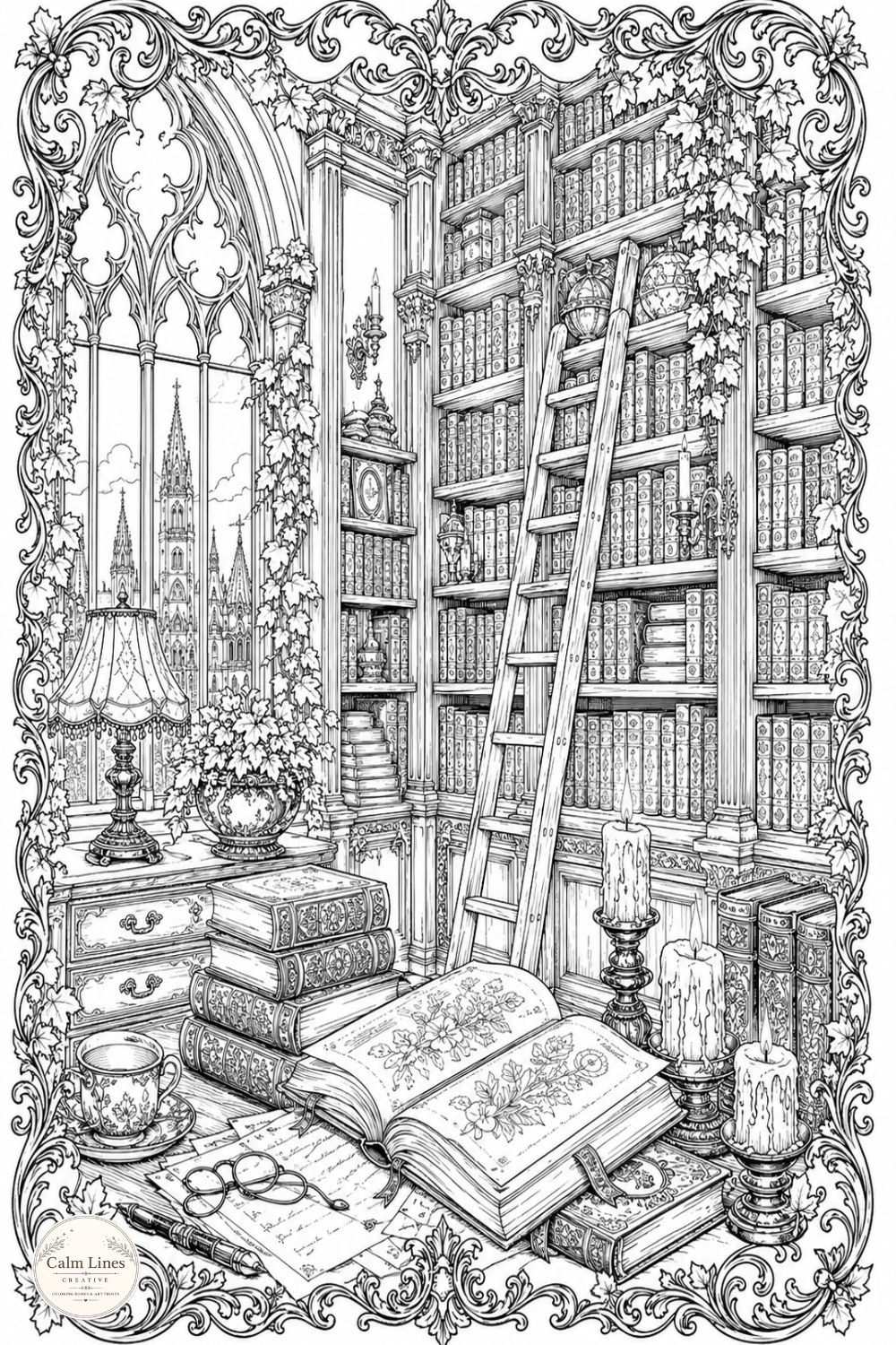 Dark Academia library coloring page with gothic bookshelf, vintage books, reading ladder, arched window and cozy study room. Printable adult coloring book PDF.