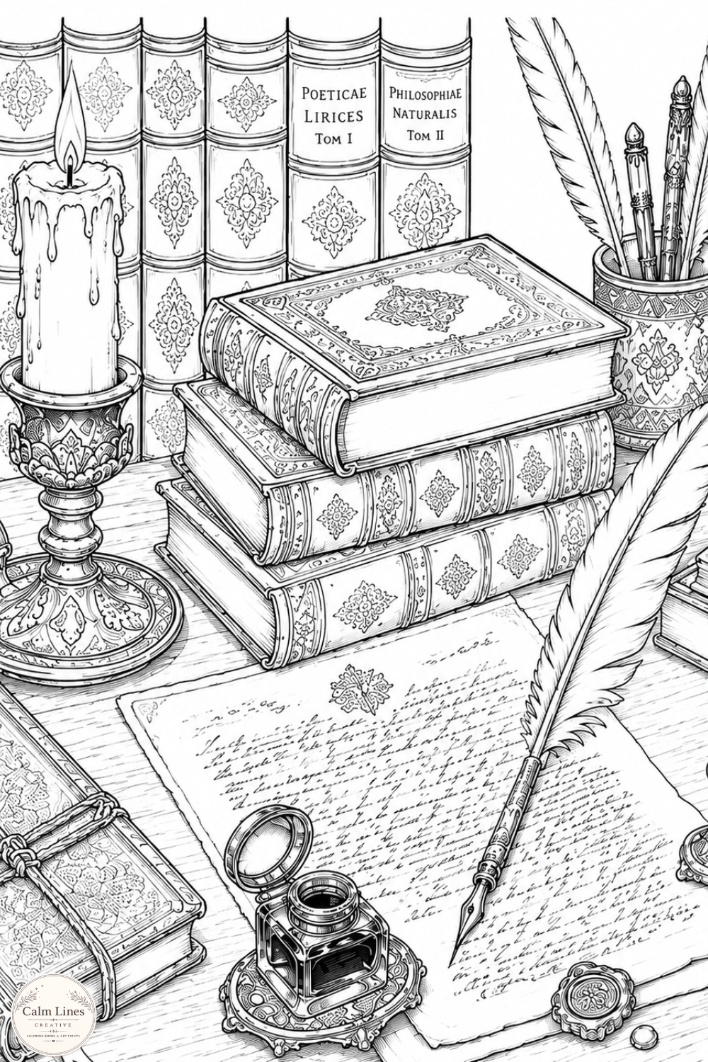 Dark Academia writing desk coloring page featuring vintage books, feather quill, antique candle, ink bottle and handwritten journal. Printable adult coloring book PDF.