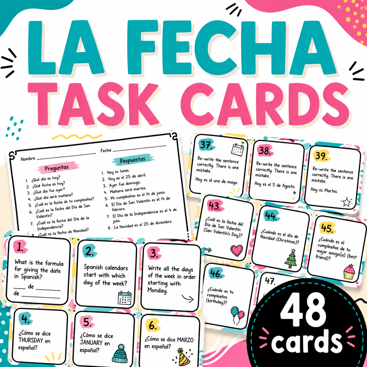 Spanish Days, Months & Dates Task Cards | La Fecha Review Activity