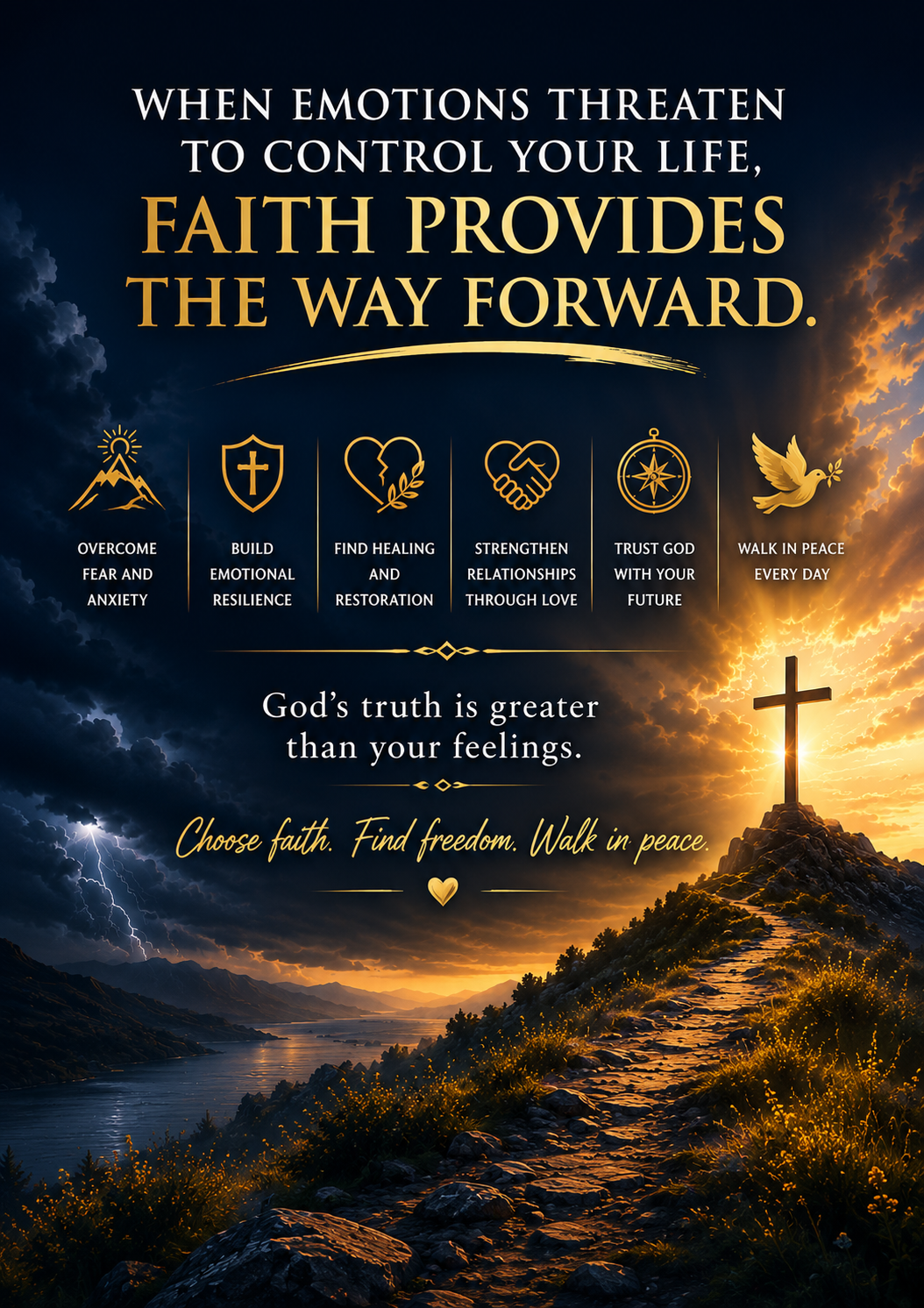 Faith Over Feelings Christian self-help book cover featuring a cross, ocean, sunrise, and themes of faith, emotional healing, and spiritual growth.