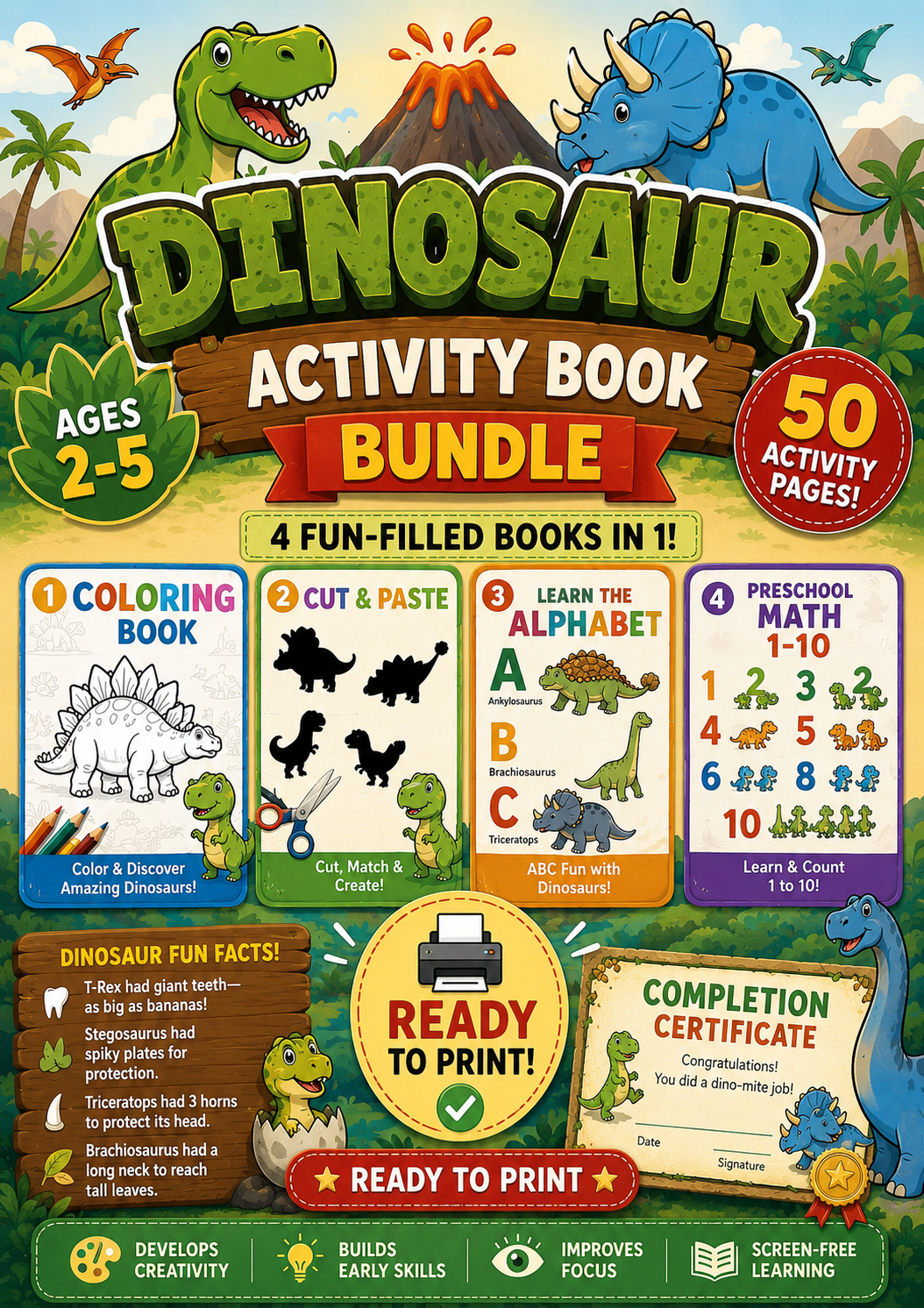 uding a dinosaur coloring book, cut-and-paste activities, alphabet learning workbook, preschool math 1-10 workbook, dinosau