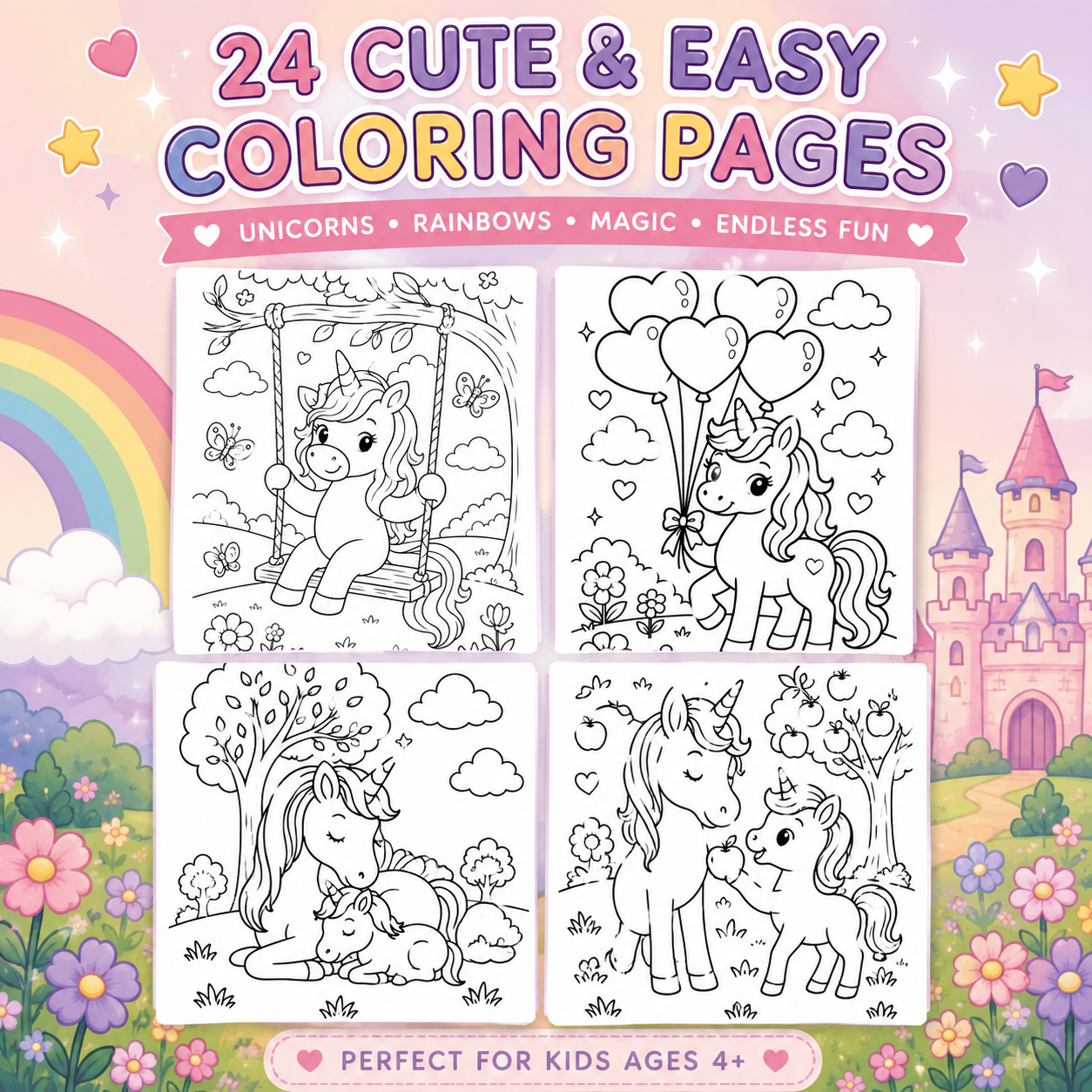 Preview page showing 24 cute and easy unicorn coloring pages with unicorns, rainbows, castles and fantasy animals.