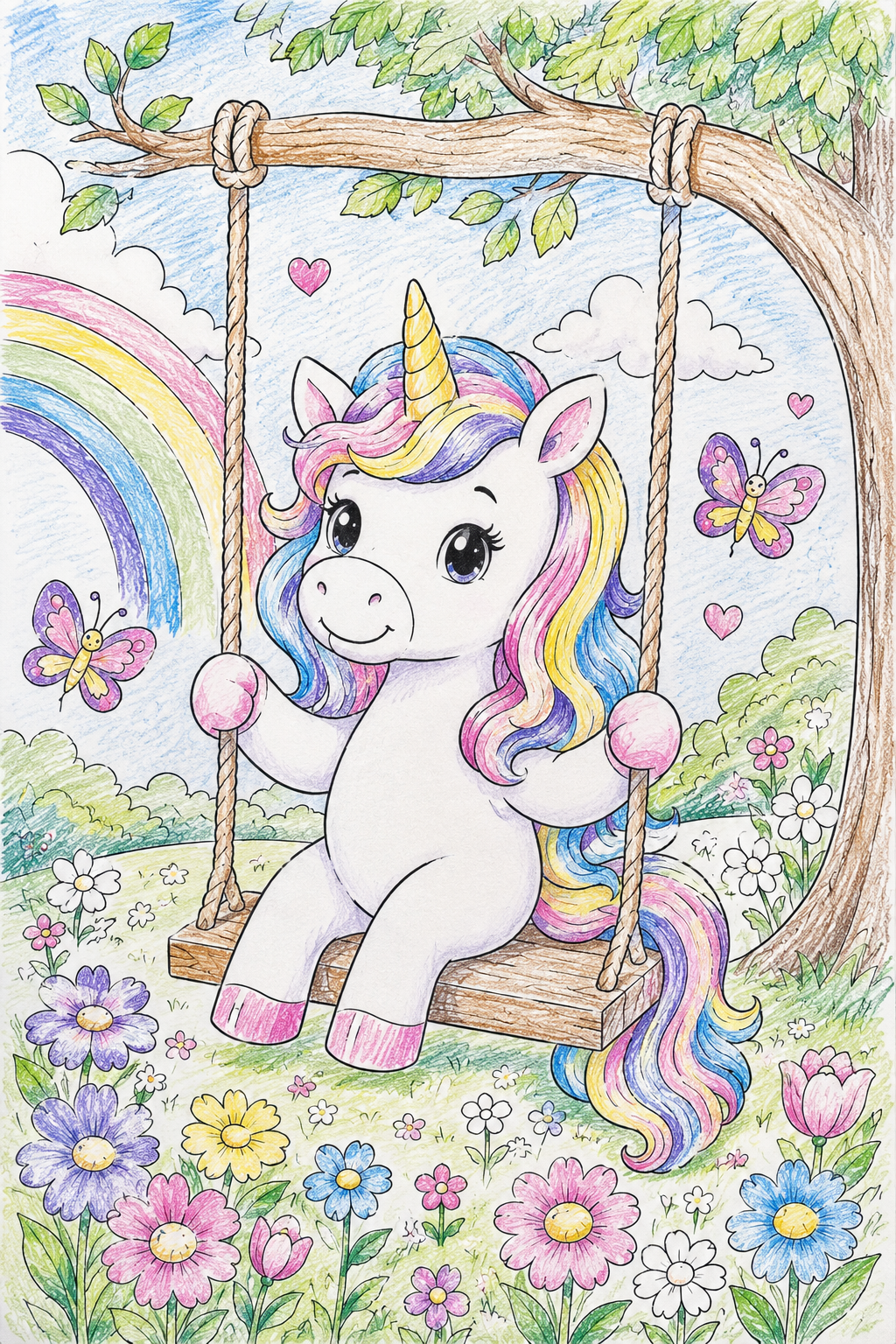 Softly colored unicorn coloring page featuring a happy unicorn on a swing beneath a rainbow and flowers.