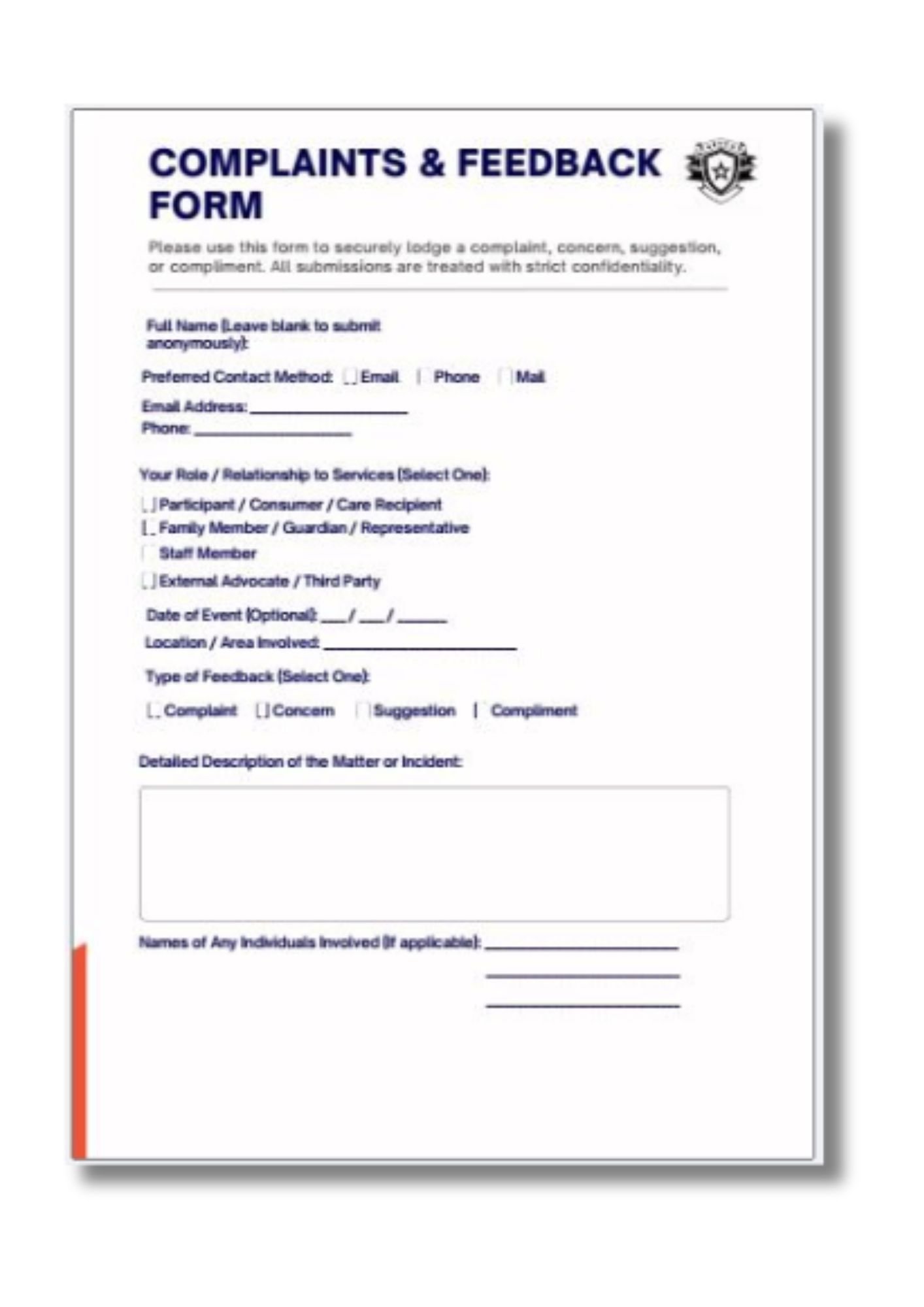 NDIS Complaints & Feedback Form Template | 100% Fillable & Audit-Ready ...