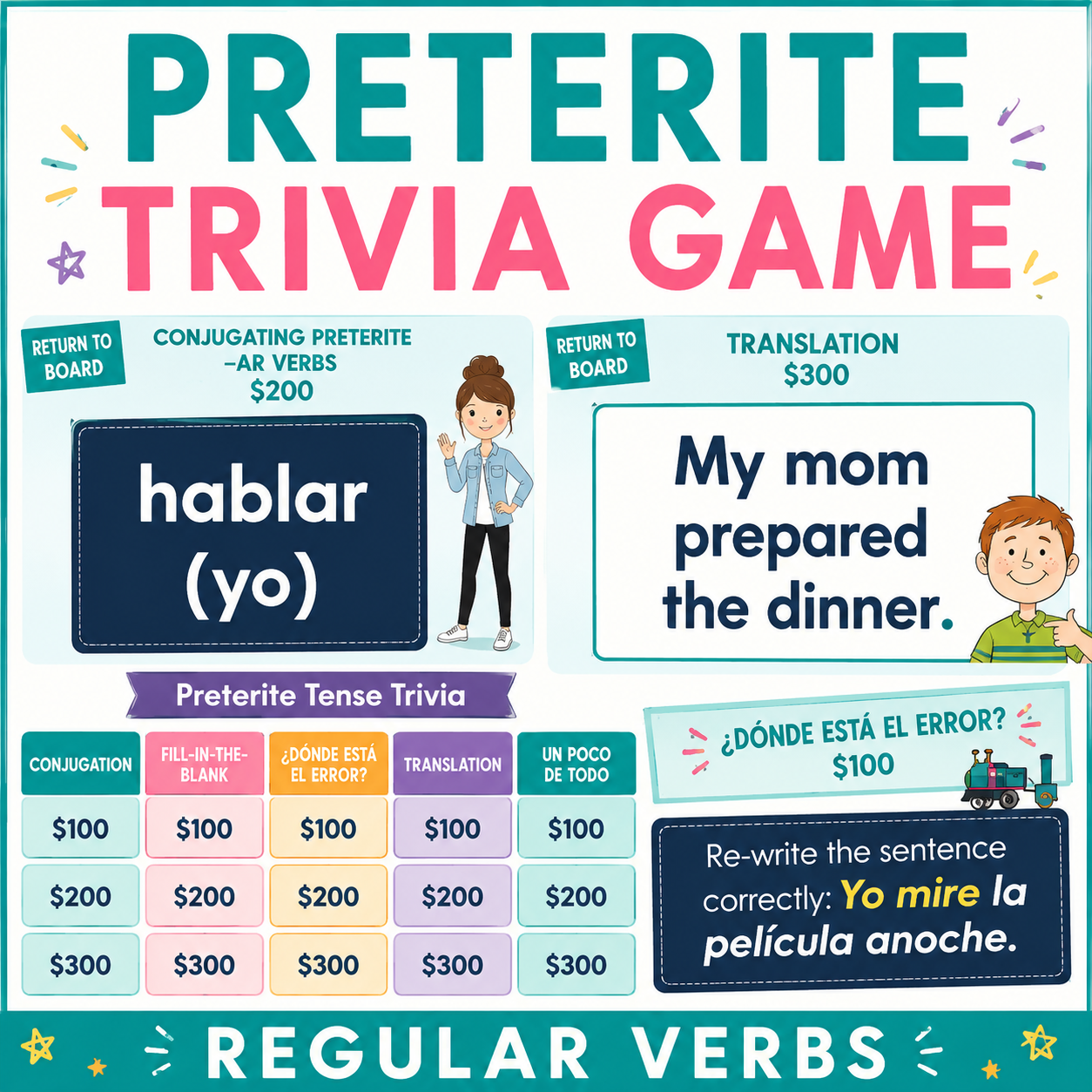 Spanish Regular Preterite Verbs Trivia Game | Digital Spanish Review Activity