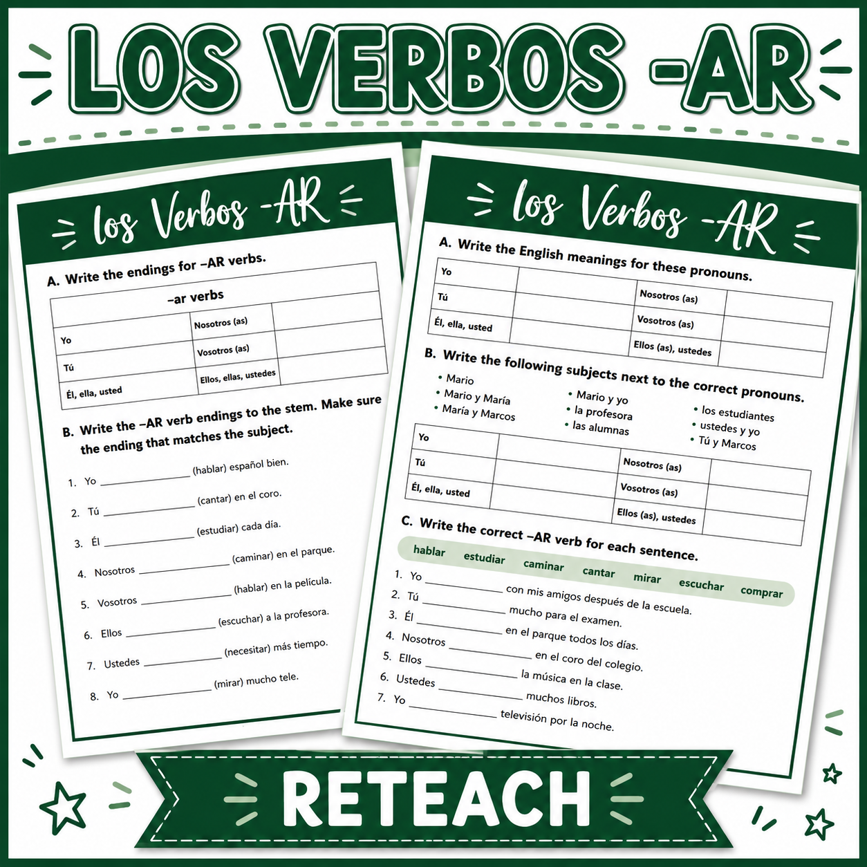 Spanish -AR Verbs | Re-Teach Notes & Guided Practice Worksheet