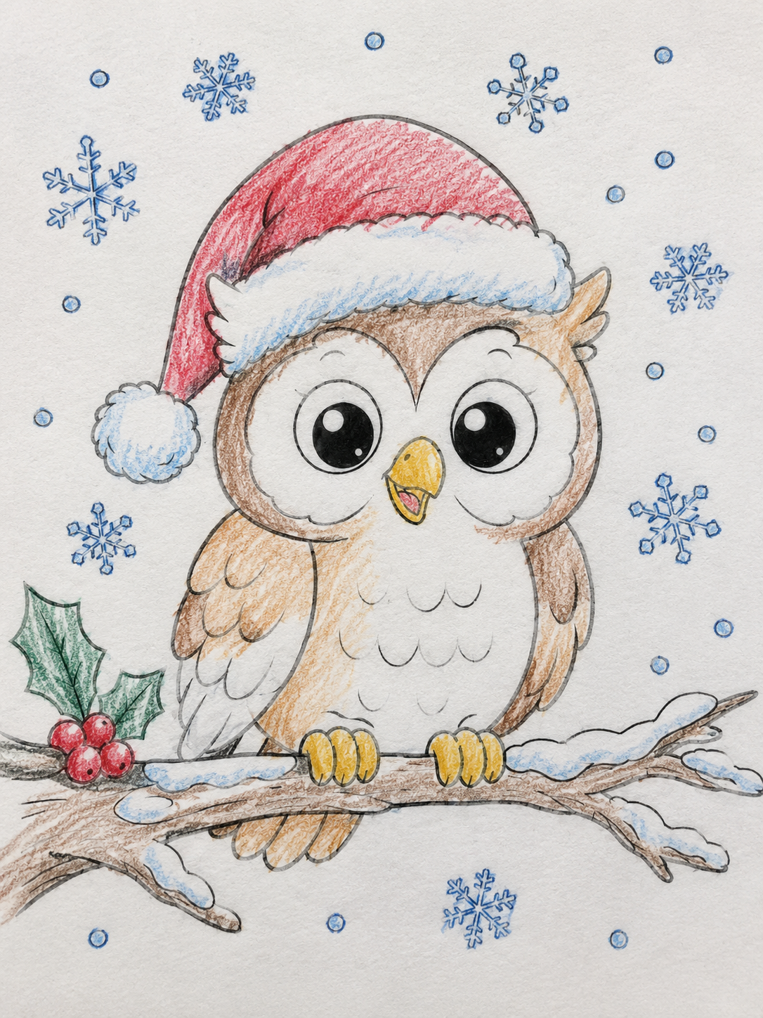 Colored example page from a Christmas coloring book showing a cute owl in a Santa hat