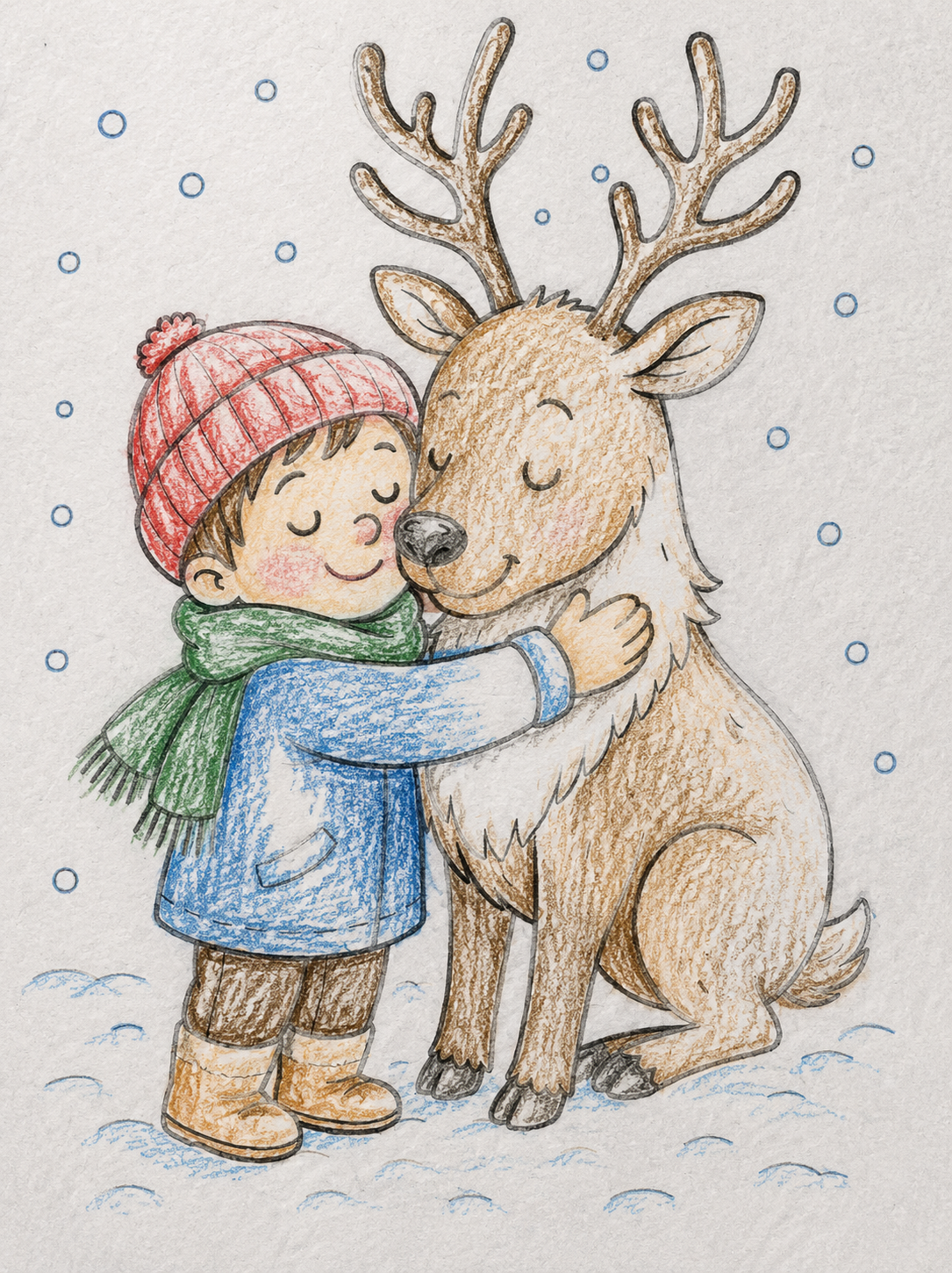 Colored example page from a Christmas coloring book showing a child hugging a reindeer