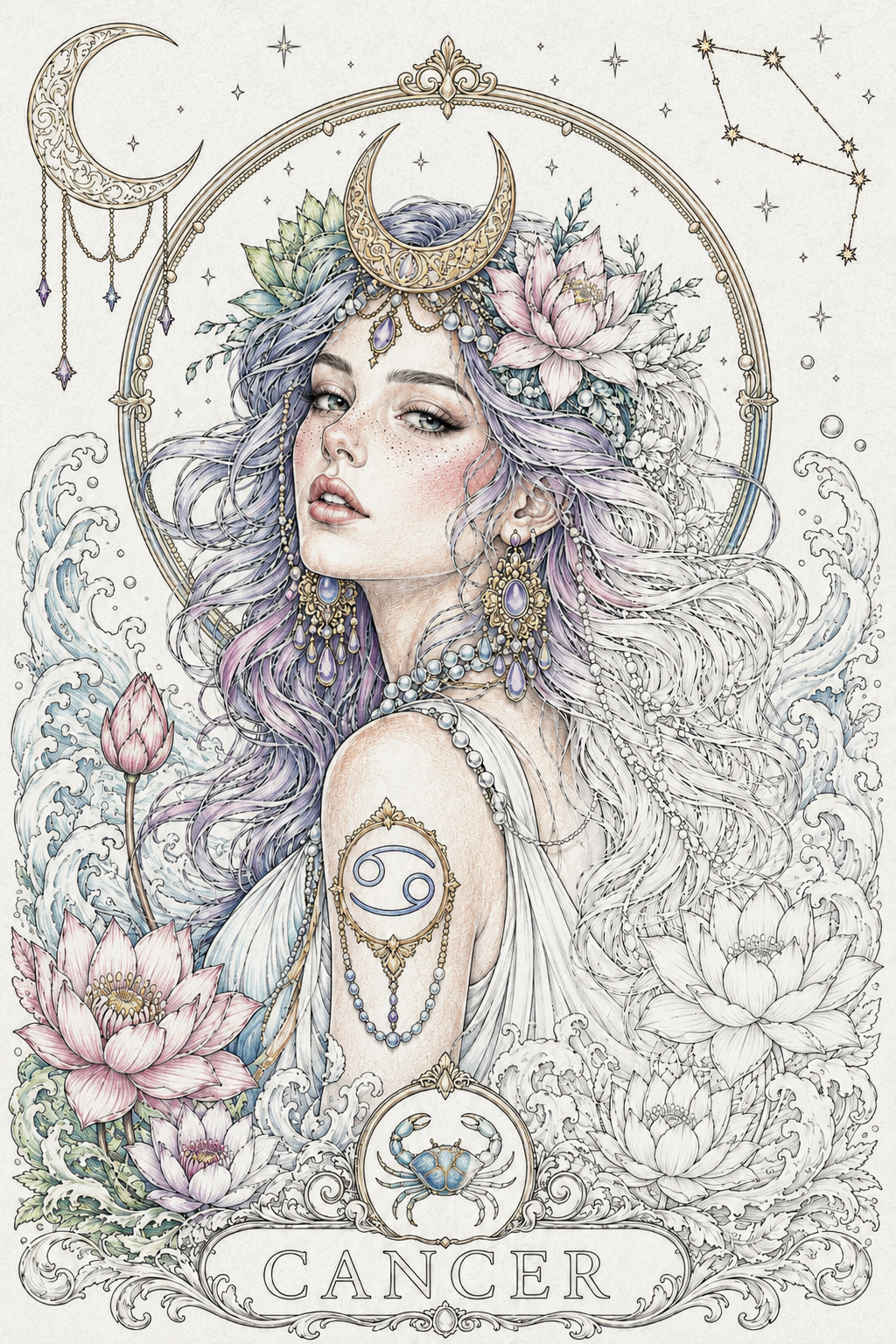 Colored Cancer zodiac coloring page featuring a celestial woman with a crescent moon crown, Cancer symbol, lotus flowers, stars and soft pastel pencil shading.