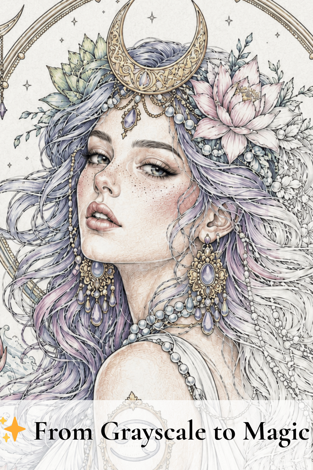 Colored zodiac coloring page close-up featuring a celestial woman with a crescent moon crown, flowers, jeweled earrings and soft pastel pencil shading. Text reads “From Grayscale to Magic.”