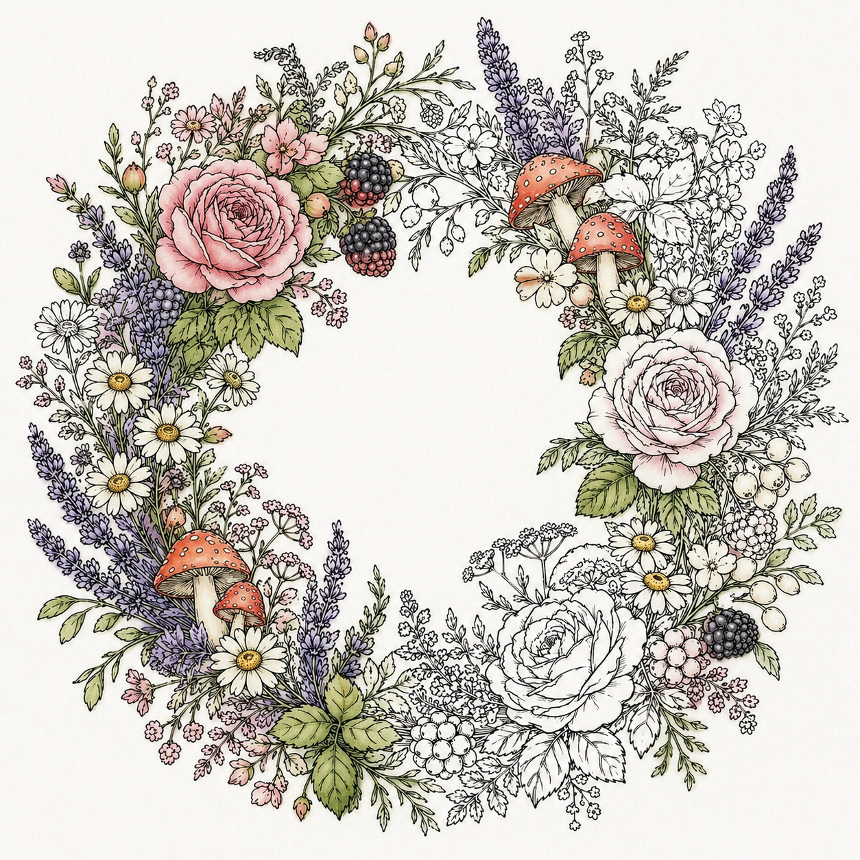 Colored floral wreath coloring page with roses, mushrooms, and berries