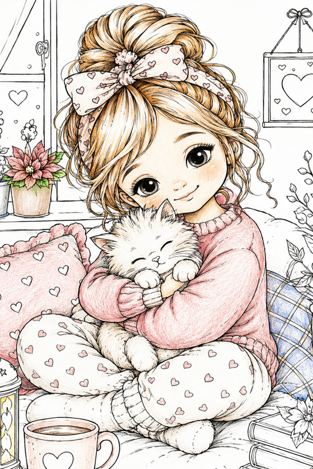 Printable cozy coloring page with cute girl hugging a kitten, aesthetic illustration for girls, teens and adults from the Cozy Coloring Book PDF.