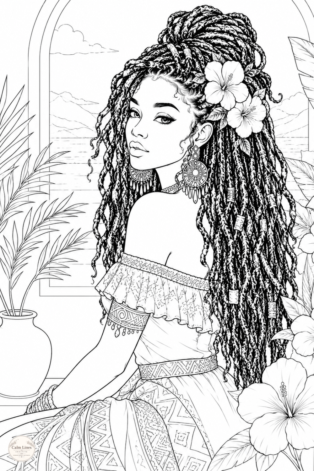 Elegant Black woman portrait coloring page with floral details.