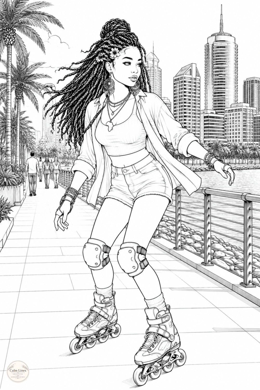 Black woman roller skating coloring page with an urban city background.