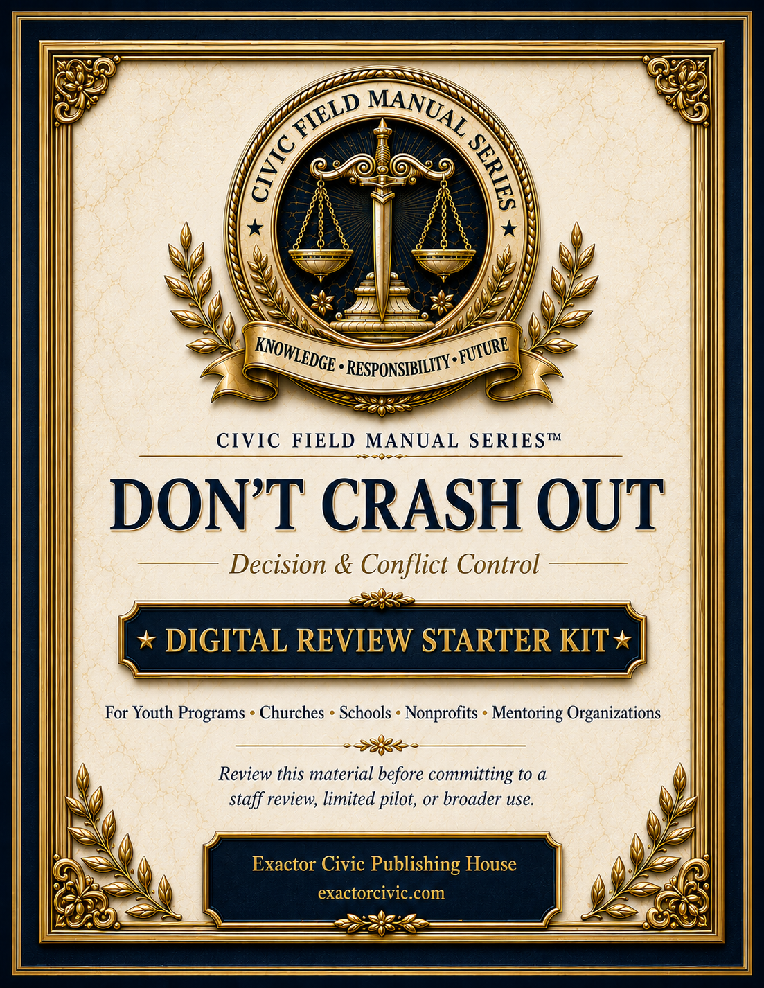 DON’T CRASH OUT Digital Review Starter Kit cover from the Civic Field Manual Series by Exactor Civic Publishing House.