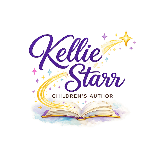 Official Kellie Starr logo featuring an open storybook, sparkling golden star trail, and elegant purple lettering. Representing children's author Kellie Starr, the logo reflects imagination, storytelling, friendship, adventure, kindness, and creativity in children's literature. Perfect for branding children's books, educational resources, and family-friendly reading experiences from Trinidad and Tobago.