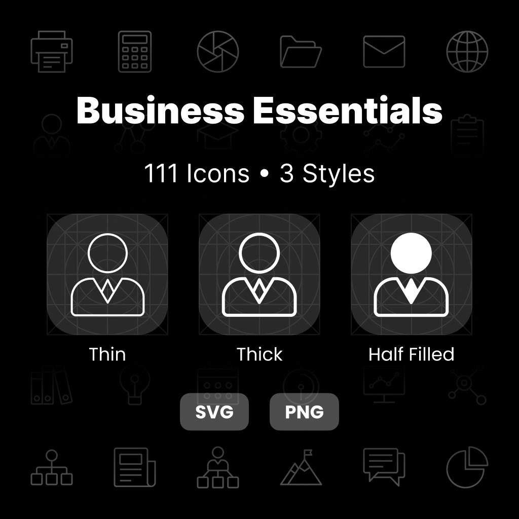 Business Essentials Icons Pack featuring 111 professional business, corporate, startup, and productivity icons in Thin, Thick, and Half-Filled styles.