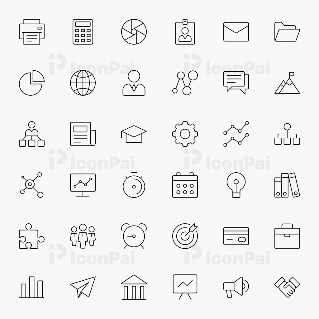 Business Essentials Icons – Thin line style preview of 37 business, management, and productivity icons.