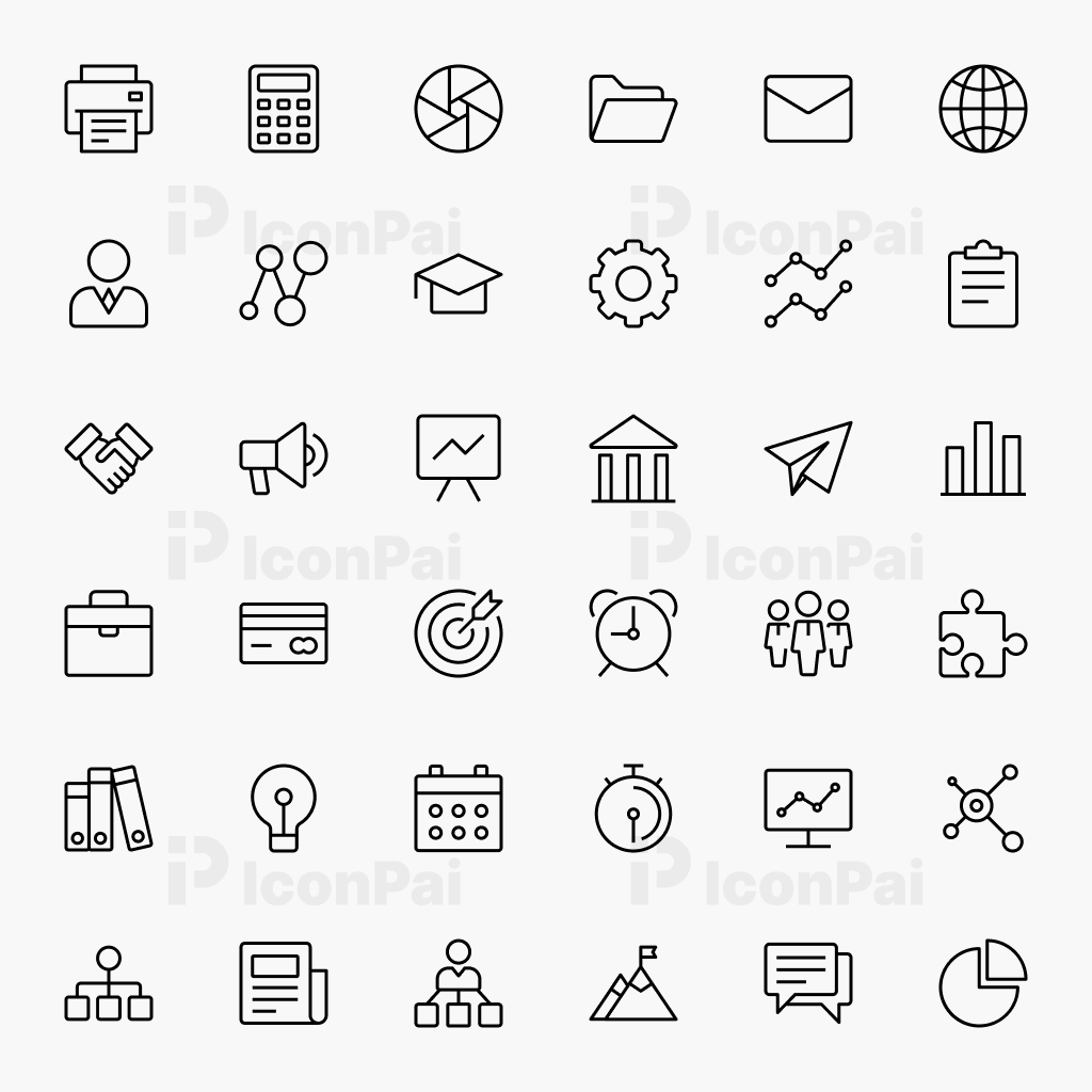 Business Essentials Icons – Thick line style preview of 37 corporate, startup, and office icons.