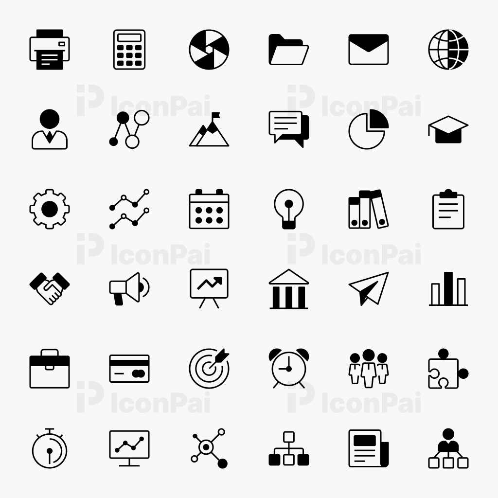 Business Essentials Icons – Half-Filled style preview of 37 business growth, analytics, leadership, and teamwork icons.
