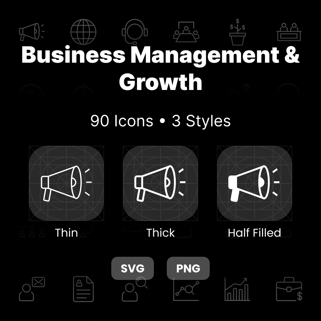Business Management & Growth Icons Pack featuring 90 professional leadership, strategy, analytics, and productivity icons in Thin, Thick, and Half-Filled styles.