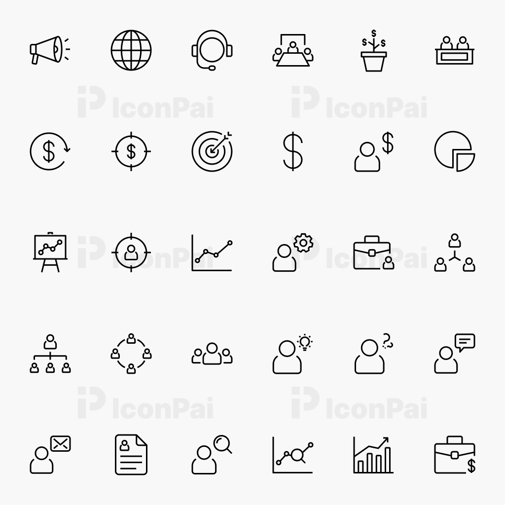 Business Management & Growth Icons – Thick line style preview of 30 business growth, analytics, and productivity icons.