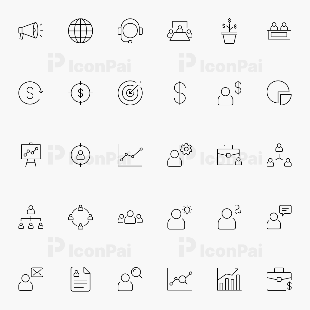 Business Management & Growth Icons – Thin line style preview of 30 leadership, planning, and business strategy icons.