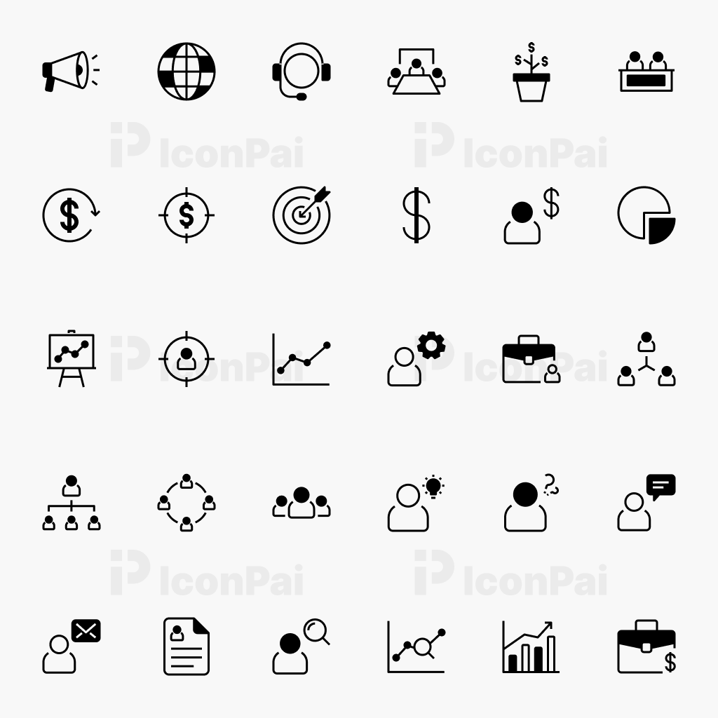 Business Management & Growth Icons – Half-Filled style preview of 30 management, teamwork, leadership, and corporate icons.