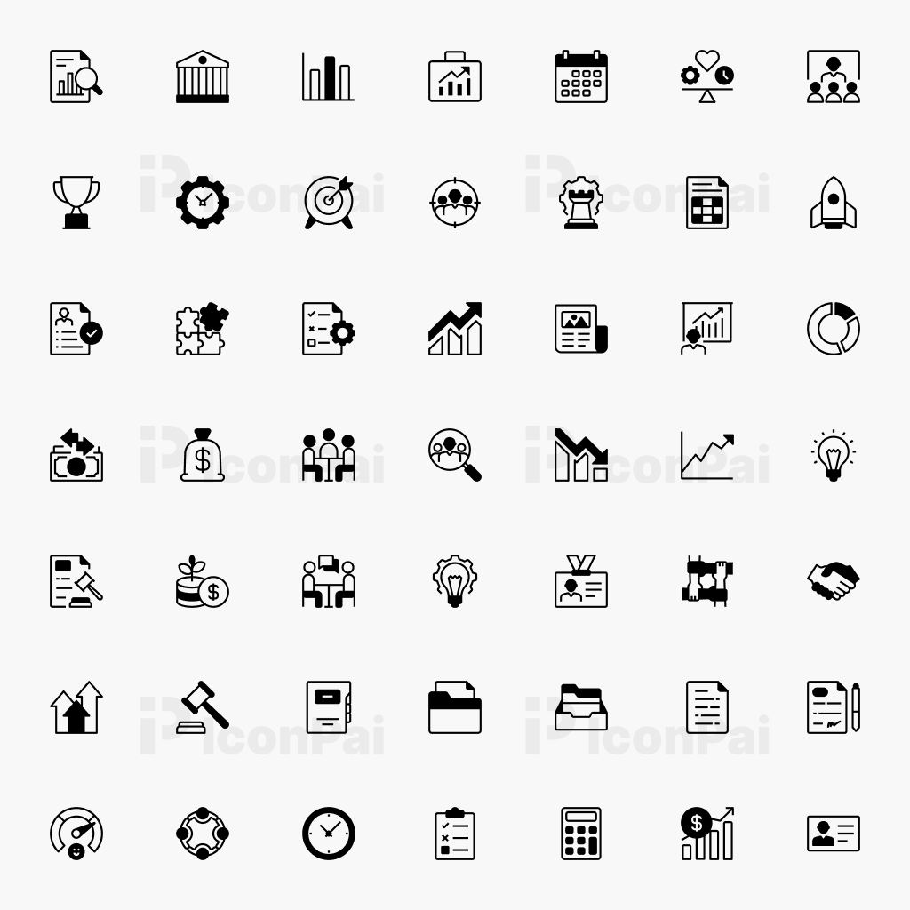 Business Operations & Management Icons – Half-Filled style preview of 50 business workflow, leadership, collaboration, and analytics icons.