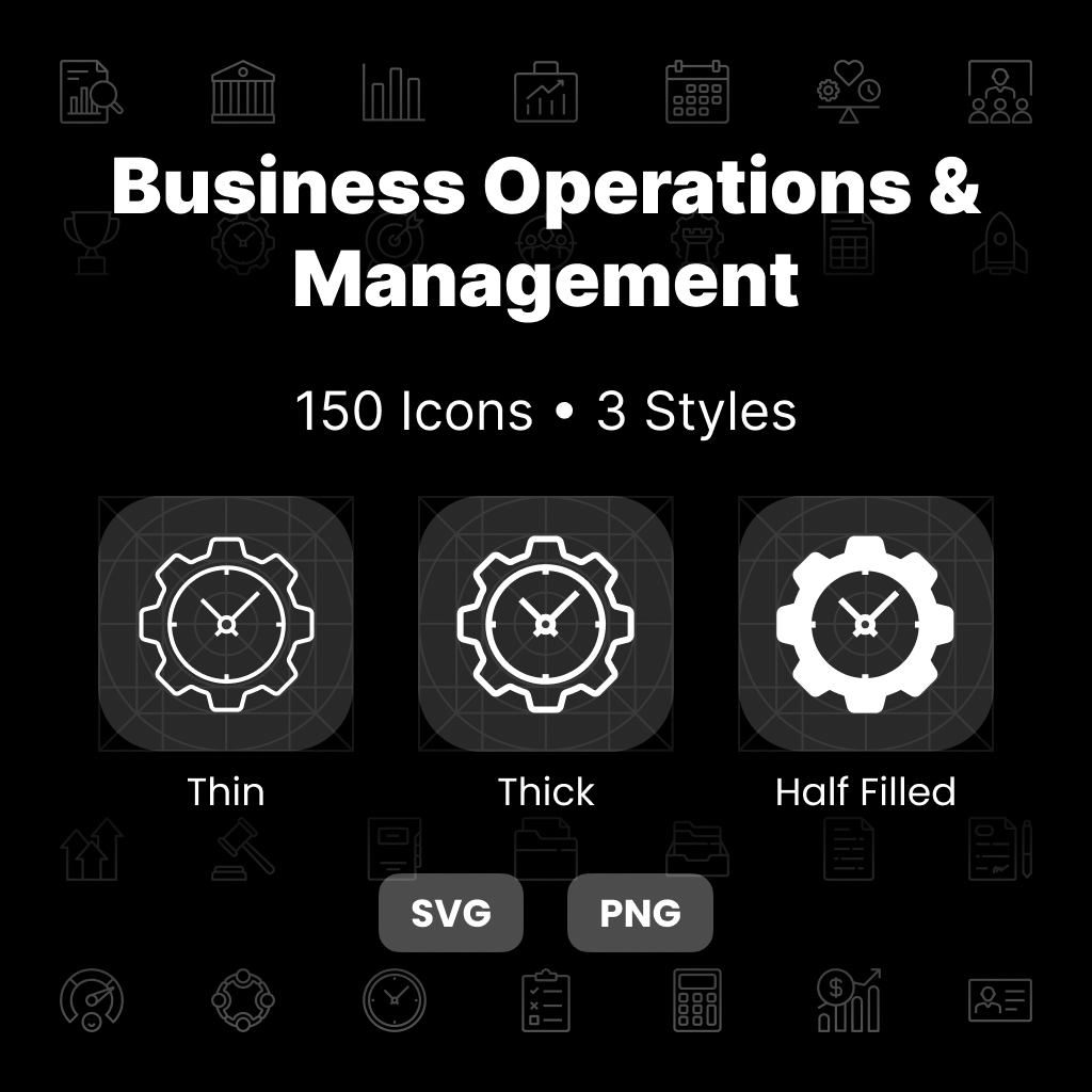 Business Operations & Management Icons Pack featuring 150 workflow, productivity, leadership, and corporate business icons in Thin, Thick, and Half-Filled styles.