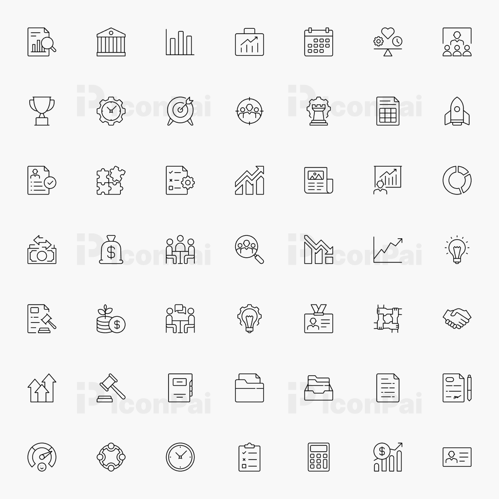 Business Operations & Management Icons – Thin line style preview of 50 workflow, planning, and business management icons.